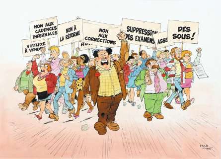 PIERRE TRANCHAND - Lot #70 - DIT PICA (NÉ EN 1953) Les profs. Illustration représentant «Les profs qui manifestent». Aquarelle et feutre. signé 42 x 29,7...