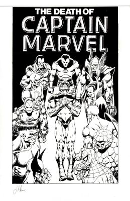 Jim Starlin | Death of Captain Marvel Trade Cover (Dead Captain Marvel, Spider-Man, Wolverine, Hulk, Thing, Captain America, Iron Man, Thor, Daredevil, Doctor Strange, Mr Fantastic, Drax!). | Romitaman