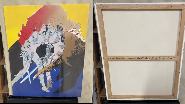 Frank Thorne - Red Sonja & Ghita Kiss Painting - Signed