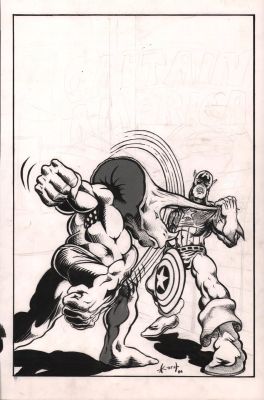 Sam Keith | Captain America Fighting Triceratops Man Art - Signed | Anthony’s Comic Book Art