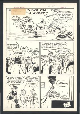 Harry Lucey | Outstanding Lucey Large 1 Page Gag - Archie in Dynamic Football Action - Girls Clamor For Him Until Betty Pinches Him For Herself Issue Archie # 134 Page 9 | Koch Comic Art