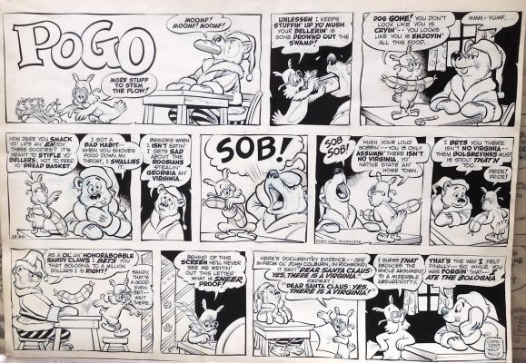 Walt Kelly | Kelly, Walt - Pogo Sunday 12/20 1955, Hand Logo - Christmas - Santa Bear "Yes, Santa Claus, There Is a Virginia" | Cool Lines Art
