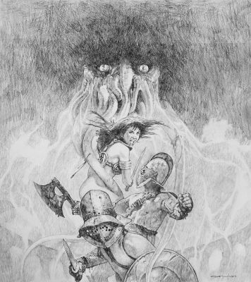 Manuel Sanjulian | Sexy Warrior Babe Very Large Battle Pinup! (Warrior Babe Battles 2 Barbarians W/ Large Tentacle Faced Creature Watching!) | Romitaman