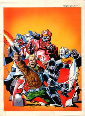Unknown a Artist | Transformers #153 Cover Painting (Great 1987 Published Painted Cover with 3 Transformers & Action Force Helping Them!) | Romitaman