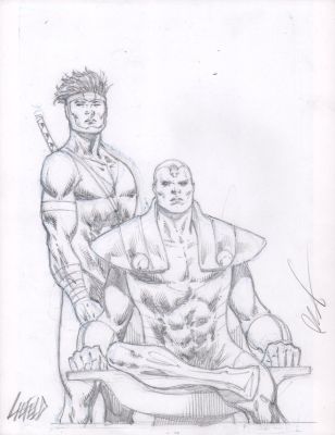 Rob Liefeld | Seated Hero & Swordsman Pencil Art - Signed | Anthony’s Comic Book Art