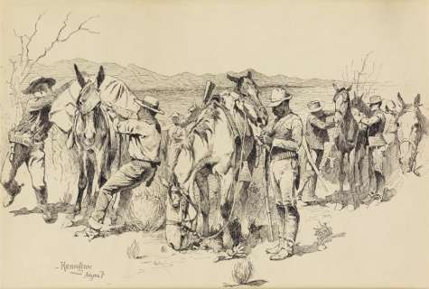 FREDERIC REMINGTON. (AMERICAN ART / WESTERN / COWBOYS / BUFFALO SOLDIER) "A Halt to Tighten the Packs." | Swann Galleries