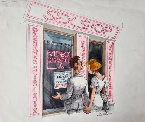 Claude Serre | « LISTE DE MARIAGE SEX SHOP  » Planche Originale signée Claude Serre inédite 1998 (taille totale 33 x 27 cm) | Serre