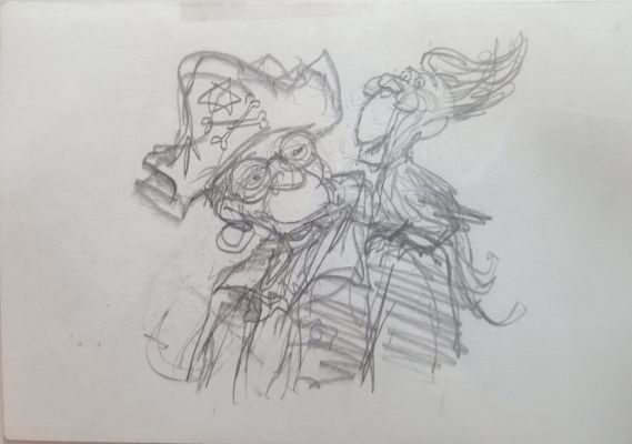 Pat Oliphant | Oliphant, Patrick - Political Cartoon Double Small Sketch, Reagan As Pirate Menachem Begin Parrot B + Version As Hand-Puppit | Cool Lines Art