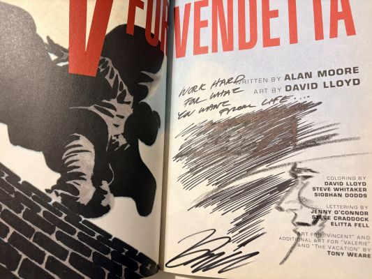 David Lloyd, Alan Moore | V For Vendetta Sketched Tpb By David Lloyd & Inscribed W/ Words of Revolutionary Wisdom | ComicArtFans Classifieds