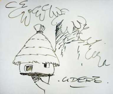 UDERZO Grande dédicace représentant une hutte gauloise. Feutre 48x64c | Rossini