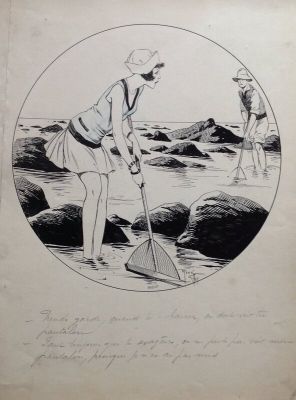 René Giffey | Giffey René Pin up Sexy La Mer , Pêche Moules ,Belle illustration planche originale Parisiana Année 20 ou 30 Normandie Bretagne | 2DGalleries