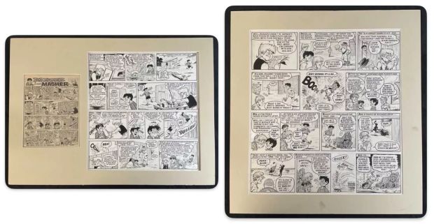 Lot 391 - BANGER AND MASHER - A pair of original black and white artwork pages for this comic strip which | Excalibur Auctions
