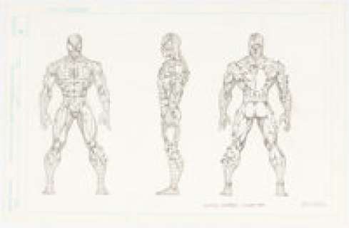 Steven Butler Spider-Man: The Animated Series "Battle Ravaged Spider-Man" Action Figure Model Sheet Illustration Original Art (DC/Toy Biz, 1995).