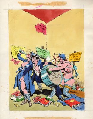 RAOUL BUZZELLI - Copertina per Identikit 14 – ‘L’esercito della schifezza’. Cm 27 x 34. Tempera su cartoncino leggero. Anno di esecuzione 1976.