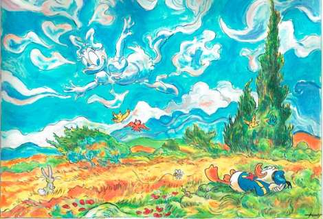 Donald & Daisy inspired by Van Gogh - Mixed Media Artwork - Tony Fernandez Signed - Original Art | Catawiki