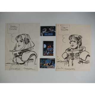 MEZIERES Jean-Claude (né en 1938) " Valérian et Laureline ". Lot de 2 magnifiques dédicaces nominatives sur feuilles libres, extrait... | Tajan