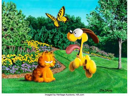 Jim Davis Studio - Garfield and Odie Painting Original Art (undated). Garfield does not look amused at Odie‘s -