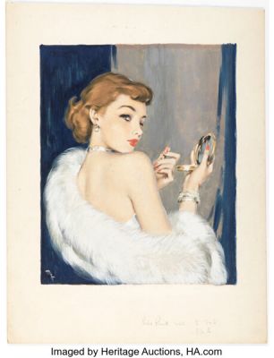 David Wright - Glamour Girl Applying Lipstick Pin-Up Painting Illustration Original Art (c. 1949). | Heritage