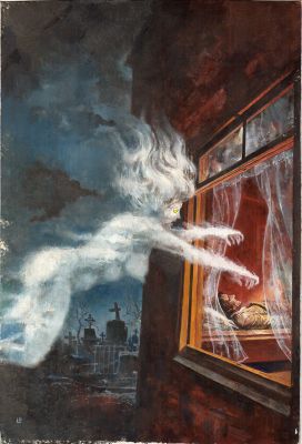 Rudolf Sieber LONATI - Copertina per Larry Brent n.34 ‘In der Krallen der Nebelhexc’. Tempera su cartoncino rigido. Cm. 26 x 38,5. Firmata.