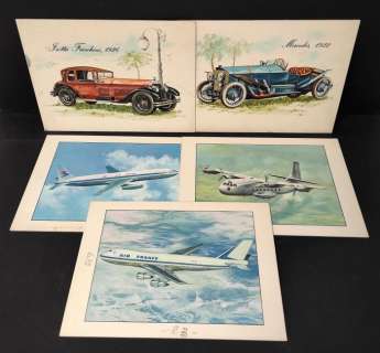 Non Reperito | Automobili d’Epoca/Aeroplani - 5x illustrazioni originali per Album Figurine - Anni ’60 - Page volante - Exemplaire unique | Catawiki