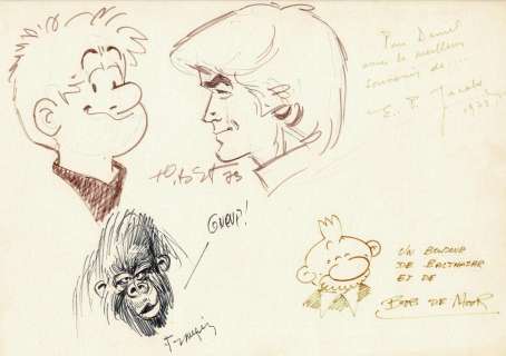 Collectif | Ensemble de 4 illustrations signées et d’une dédicace au feutre sur papier dessin réalisé en 1973. On y retrouve Franquin et un gorille, Tibet et les bustes de Ric Hochet et Kid Ordinn, Bob De Moor et Balthazar et E.P. Jacobs. | Septimus