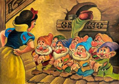 Joan Vizcarra | Snow White and The Seven Dwarfs - "Cleaned Hands" - Acrylic Painting - Joan Vizcarra - Original Art - 50 x 35 cm | Catawiki