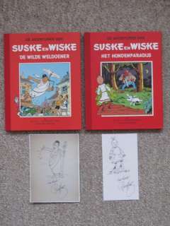Willy Vandersteen | Suske en Wiske 46 + 47 - De Wilde Weldoener + Het Hondenparadijs - Rode Klassiek Reeks + in elk album een fraaie pentekening van Paul Geerts - Cartonné - Réédition - (1998) | Catawiki