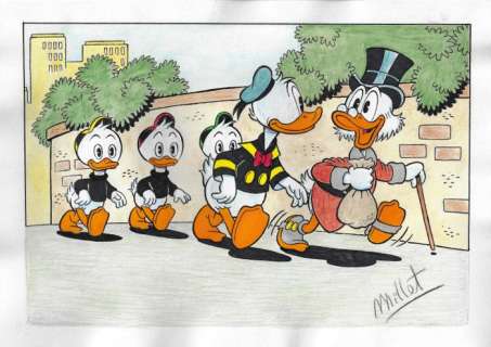 Millet | Scrooge McDuck, Huey, Dewey, Louie & Donald Duck - Millet - Original Drawing | Catawiki