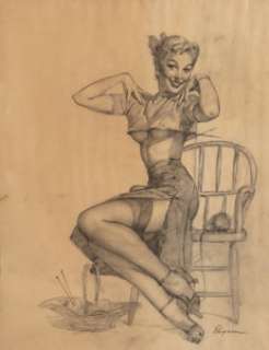 Gil Elvgren (American, 1914-1980)
 A Spicy Yarn, Brown & Bigelow calendar illustration preliminary
 Charcoal on vellum
 ... | Heritage