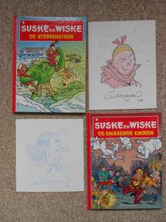 Willy Vandersteen | Suske en Wiske - De Sterrensteen 302 + De Knikkende Knoken 303 - Met 2x fraaie originele tekening door Luc Morjaeu - Cartonné - EO - (2008/2009) | Catawiki
