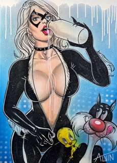 Alvin Silvrants | Black Cat with Tweety and Sylvester Got Milk - Original drawing in colour by Alvin Silvrants | Catawiki