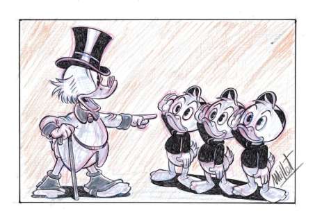 Millet | Huey, Dewey & Louie Duck at Uncle Scrooge’s Service - Signed Original Drawing by Millet | Catawiki