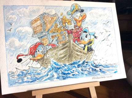 Alessandro Gottardo | Donald Duck - â€œMare, monete, pioggiaâ€ - dipinto ad acquerello originale di Alessandro Gottardo - Exemplaire unique - (2019) | Catawiki