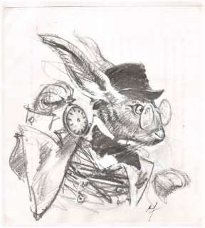 Follet, René | Follet, René - Dessin original - Le lapin blanc - Alice au pays des merveilles | Catawiki