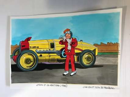Jacot | Jacot, Christian - Dessin original couleur - Spirou et les héritiers - Hommage Ã  Franquin - Page volante - (2014) | Catawiki