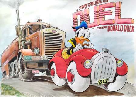 Sergio Garrido | Donald Duck - Duel (Devil on wheels) - Signed Original Ink Watercolour Painting by Sergio Garrido | Catawiki
