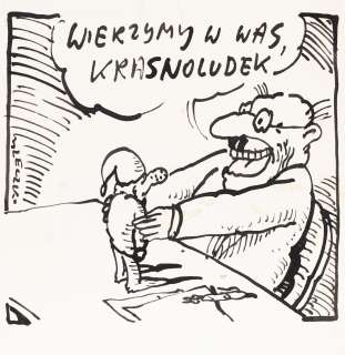 Andrzej Mleczko (1949) | Andrzej Mleczko | "Wierzymy w was, krasnoludek", rysunek satyryczny | Desa Unicum