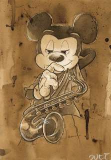 Guti, Coffee Artist | Mickey Mouse as John Coltrane, The Saxophinist - Original Coffee Painting - 33 x 23 cm - Guti Signed - Coffee Art - Original Artwork | Catawiki