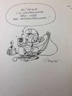 Peyo | Peyo - Dédicace originale - Schtroumpf gourmand au restaurant Italien - Les Schtroumpfs - (1983) | Catawiki