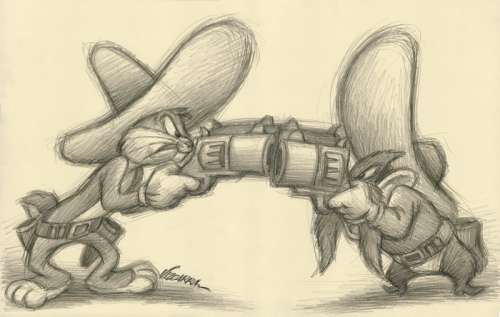 Joan Vizcarra | Bugs Bunny & Yosemite Sam Challenge II - Original Drawing - 48 x 30 cm - Joan Vizcarra - Pencil Art - Original Artwork | Catawiki