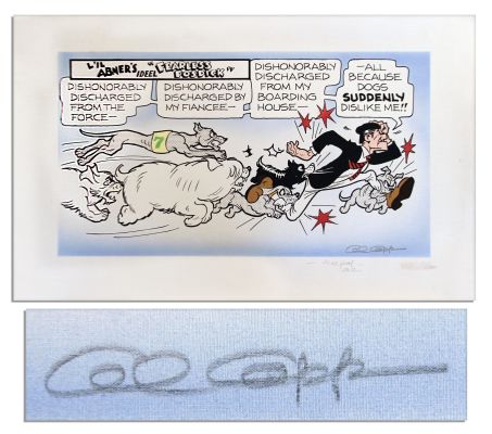 "Li’l Abner" Litho Signed "Al Capp" in Pencil, Labeled "trial proof" & Signed Again "Al" -- Fearless Fosdick Runs From a Pack of Dogs -- 36" x 22.5" on Fabric -- Very Good | Nate Sanders