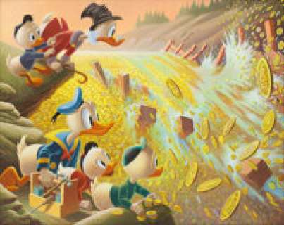 Carl Barks Dam Disaster at Money Lake Painting Original Art (1986). The first solo Uncle Scrooge story, "Only - | Heritage