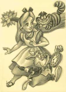 Joan Vizcarra | Alice In Wonderland: Alice, The Cheshire Cat & The White Rabbit - Original Drawing - 46 x 32 cm - Joan Vizcarra - Pencil Art - Original Artwork | Catawiki