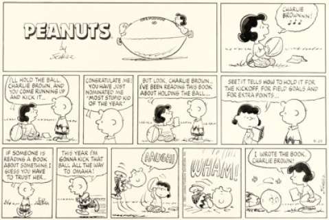 Charles Schulz Peanuts Charlie Brown and Lucy Football Theme Sunday Comic Strip Original Art dated 9-29-91 (United Feature Syndicate, 1991).