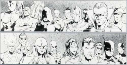 Carlos Pacheco and Jesús Meriño JLA / JSA: Virtue and Vice Graphic Novel Wraparound Cover Original Art (DC, 2002).