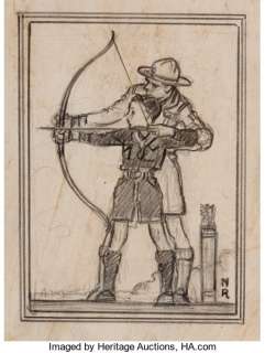 Norman Rockwell (American, 1894-1978) Archery Lesson, Boy Scouts Study Pencil on paper 3-3/4 x 2-7/8 inches - | Heritage