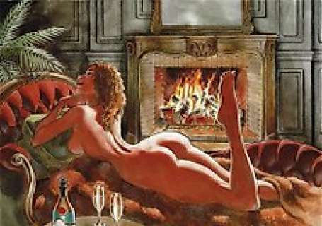 Taranzano, Pierre - 1 Original colour drawing - Pin Up à la cheminée - 2023 | Catawiki