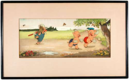 â€œTHE PRACTICAL PIGâ€ FRAMED TWO CEL SET-UP WITH ORIGINAL ART BACKGROUND. | Hake’s