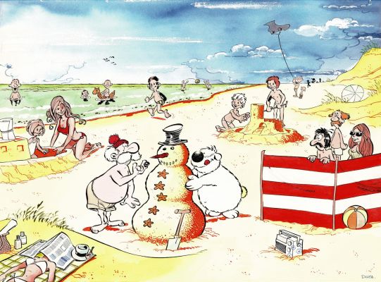 Dupa - Lot 353 - Cubitus à la plage, dessin original en couleurs directes.