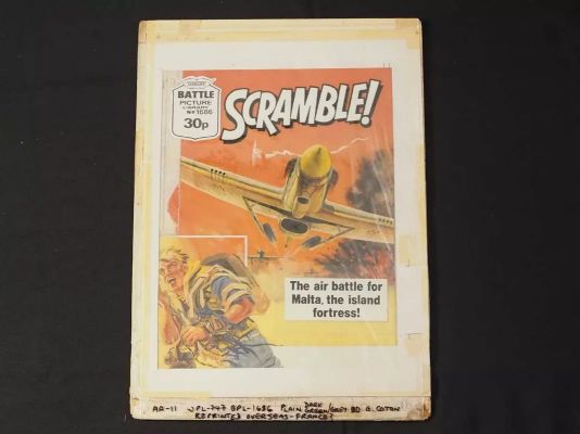 Lot 370 - Original colour comic cover art, ’Scramble!’, by Graham Coton, gouache on paper, mounted to board, | Excalibur Auctions